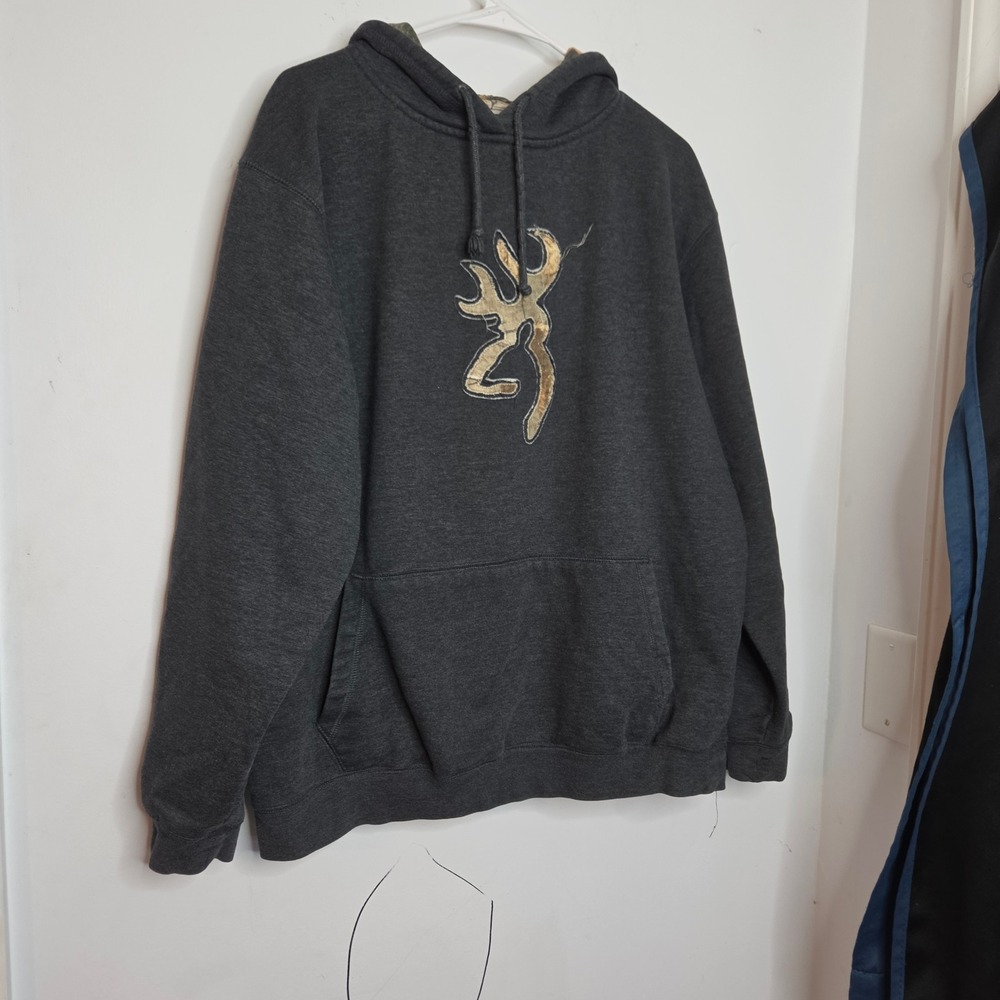 Browning Mens Hoodie Charcoal Gray Camo Buckmark Logo Pullover Large L G‎ G